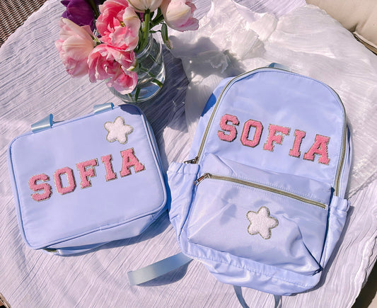Personalized Kids Backpack Set - Nylon with Lunch Tote & Patches - Custom Name