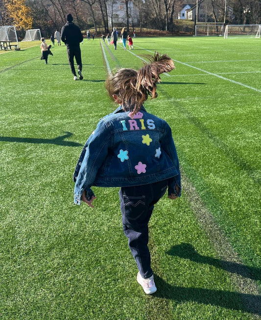 Personalized Girls Jean Jacket - Custom Name, Heart Patches