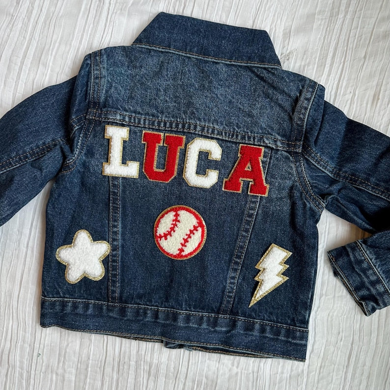Custom denim jacket with decorative patches