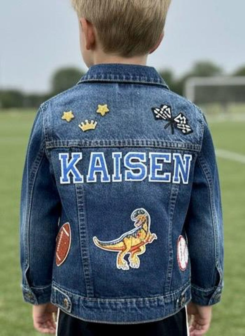 Chenille letter detail on kids denim jacket