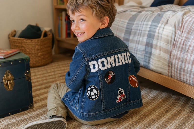 Personalized kids denim jacket with custom name patches