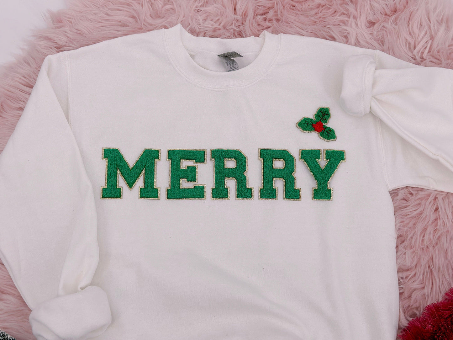 Chenille Letter Christmas Sweatshirt: Merry Holiday Crewneck