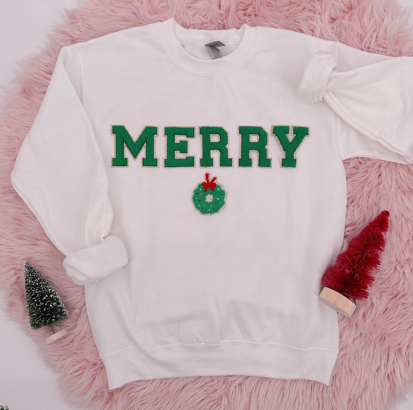 Chenille Letter Christmas Sweatshirt: Merry Holiday Crewneck