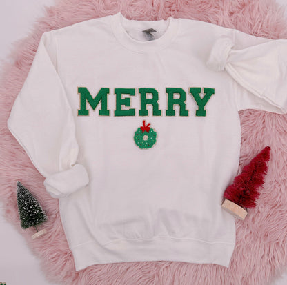 Chenille Letter Christmas Sweatshirt: Merry Holiday Crewneck