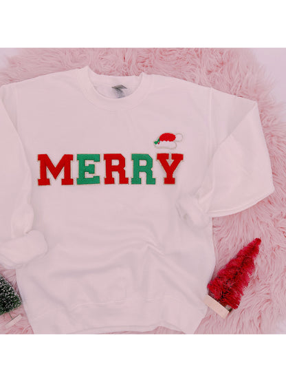 Chenille Letter Christmas Sweatshirt: Merry Holiday Crewneck