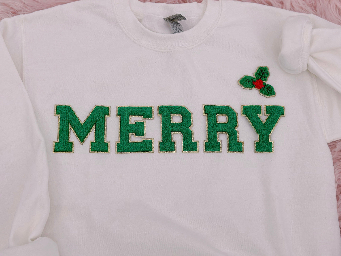 Chenille Letter Christmas Sweatshirt: Merry Holiday Crewneck