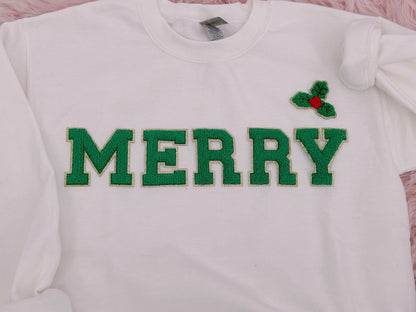 Chenille Letter Christmas Sweatshirt: Merry Holiday Crewneck