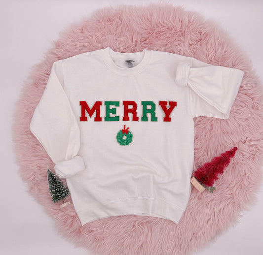 Chenille Letter Christmas Sweatshirt: Merry Holiday Crewneck