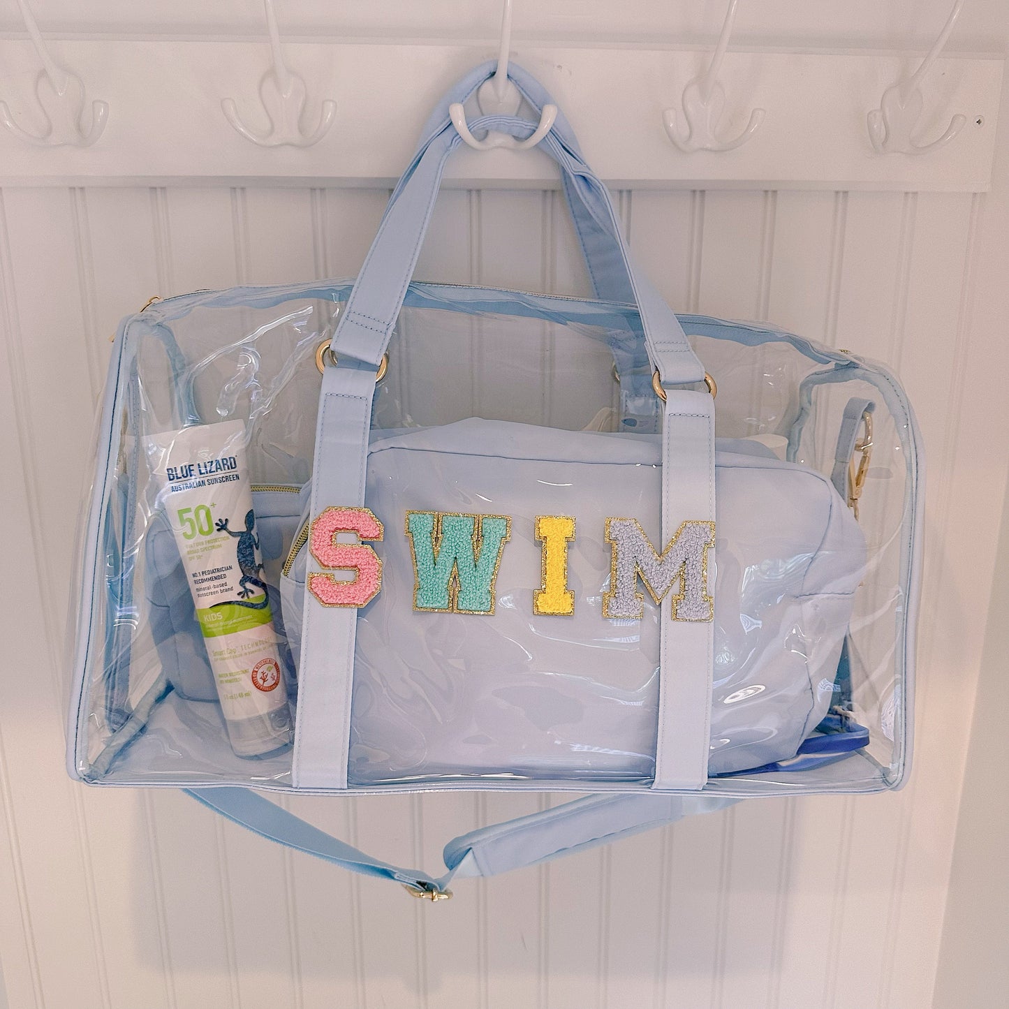 Personalized Clear Duffle Bag: Beach, Swim, Overnight Tote - 3 Piece Set