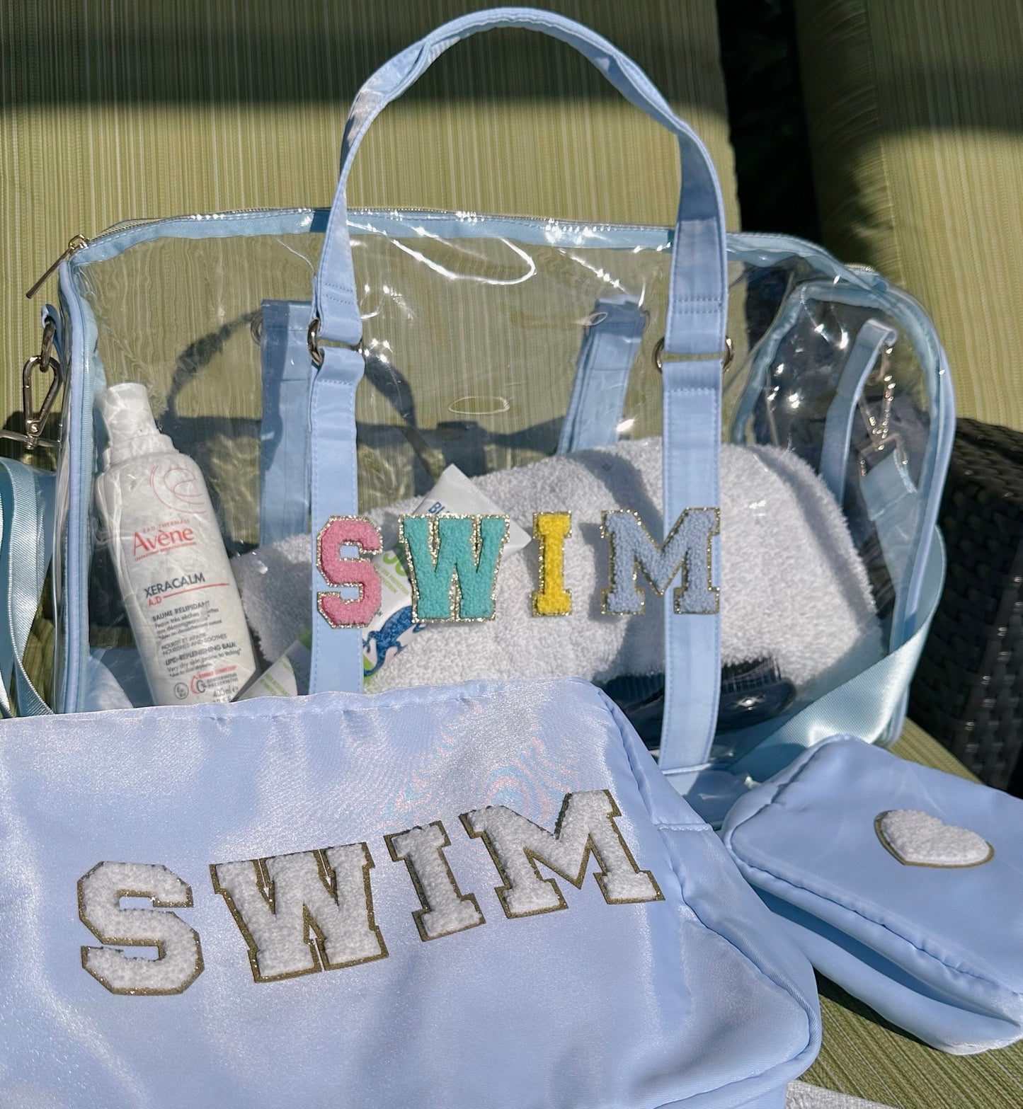 Personalized Clear Duffle Bag: Beach, Swim, Overnight Tote - 3 Piece Set
