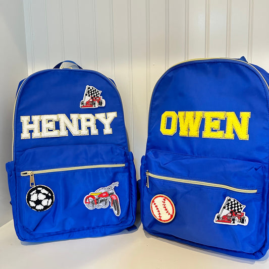 Personalized Kids Backpack Set - For Boys with Lunch Tote - Custom Name & Patches