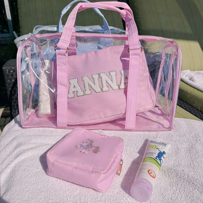 Personalized Clear Duffle Bag: Beach, Swim, Overnight Tote - 3 Piece Set