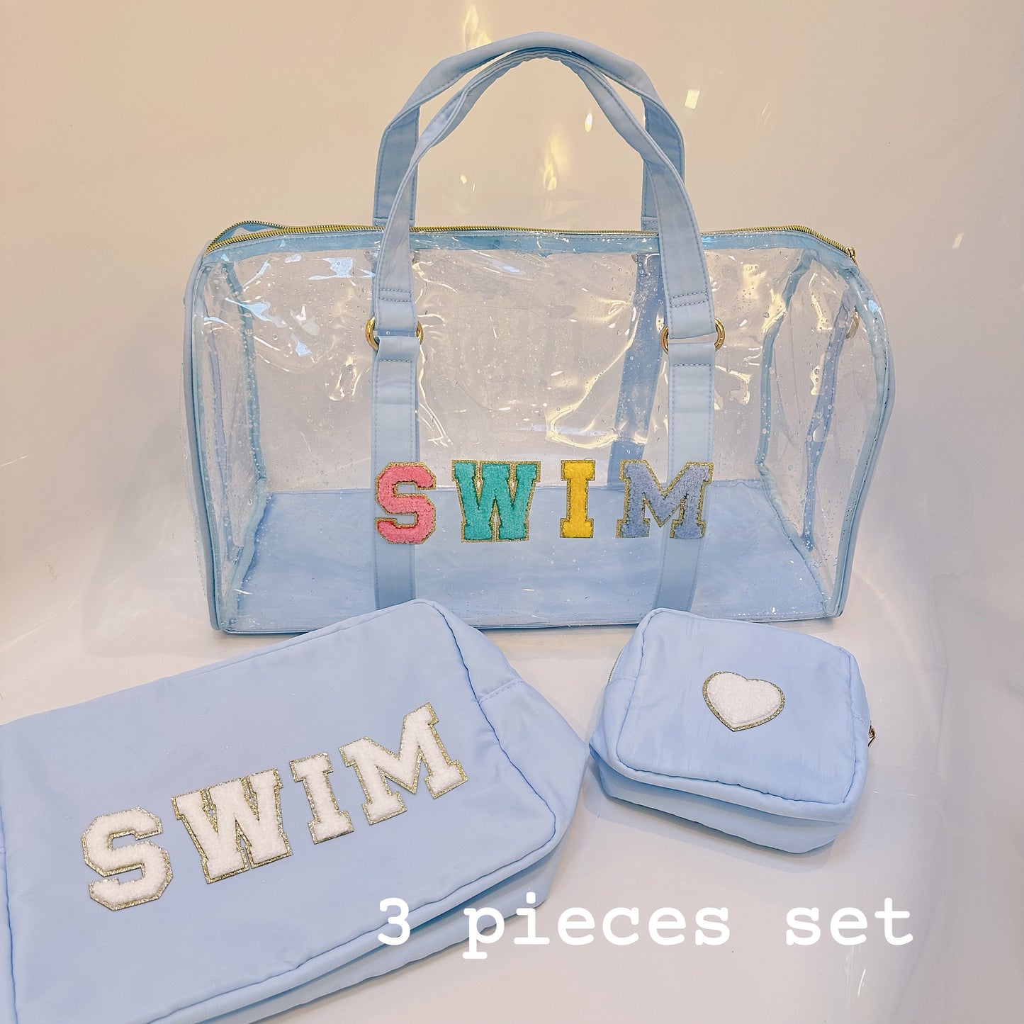Personalized Clear Duffle Bag: Beach, Swim, Overnight Tote - 3 Piece Set