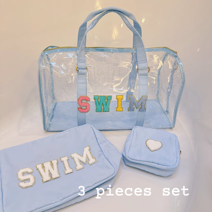 Personalized Clear Duffle Bag: Beach, Swim, Overnight Tote - 3 Piece Set