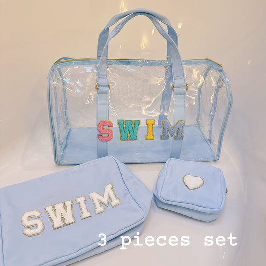 Personalized Clear Duffle Bag: Beach, Swim, Overnight Tote - 3 Piece Set