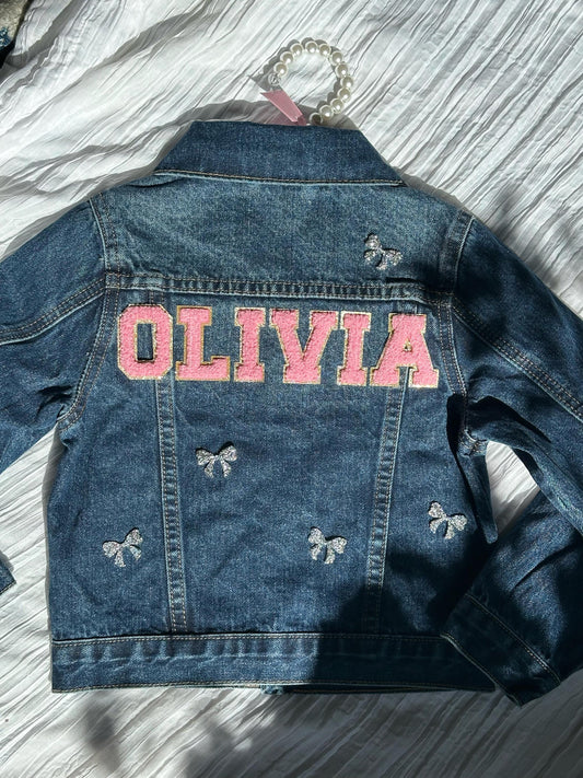 Personalized Kids Jean Jacket: Custom Name & Pink Bows