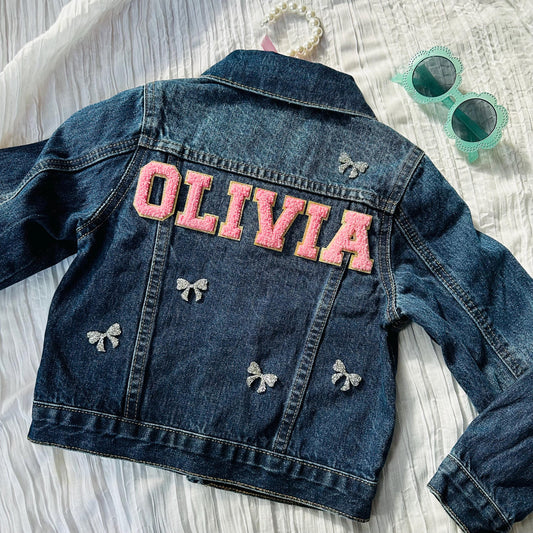 Personalized Kids Jean Jacket: Custom Name & Pink Bows