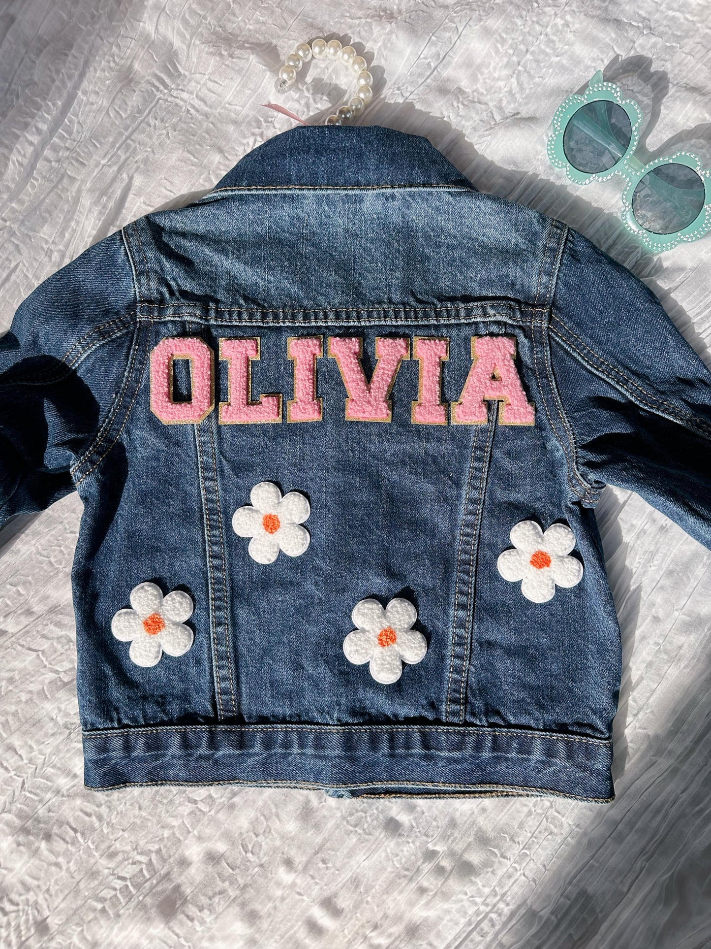 Personalized Girls Jean Jacket - Custom Name, Heart Patches