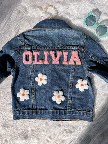 Personalized Girls Jean Jacket - Custom Name, Heart Patches