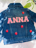 Personalized Kids Jean Jacket: Strawberry Patches, Custom Name