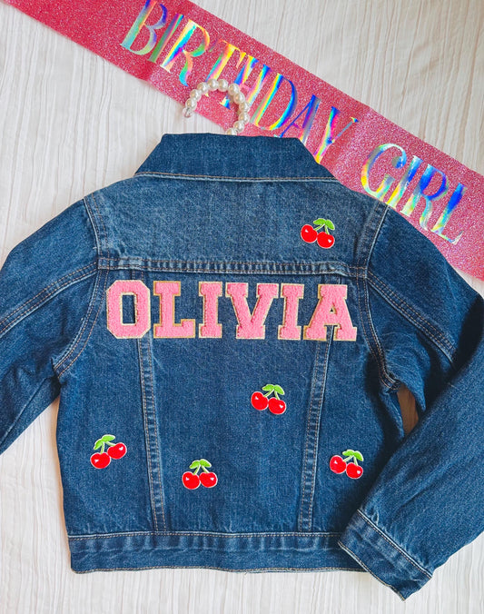 Personalized Kids Jean Jacket: Cherry Appliqu??, Custom Name