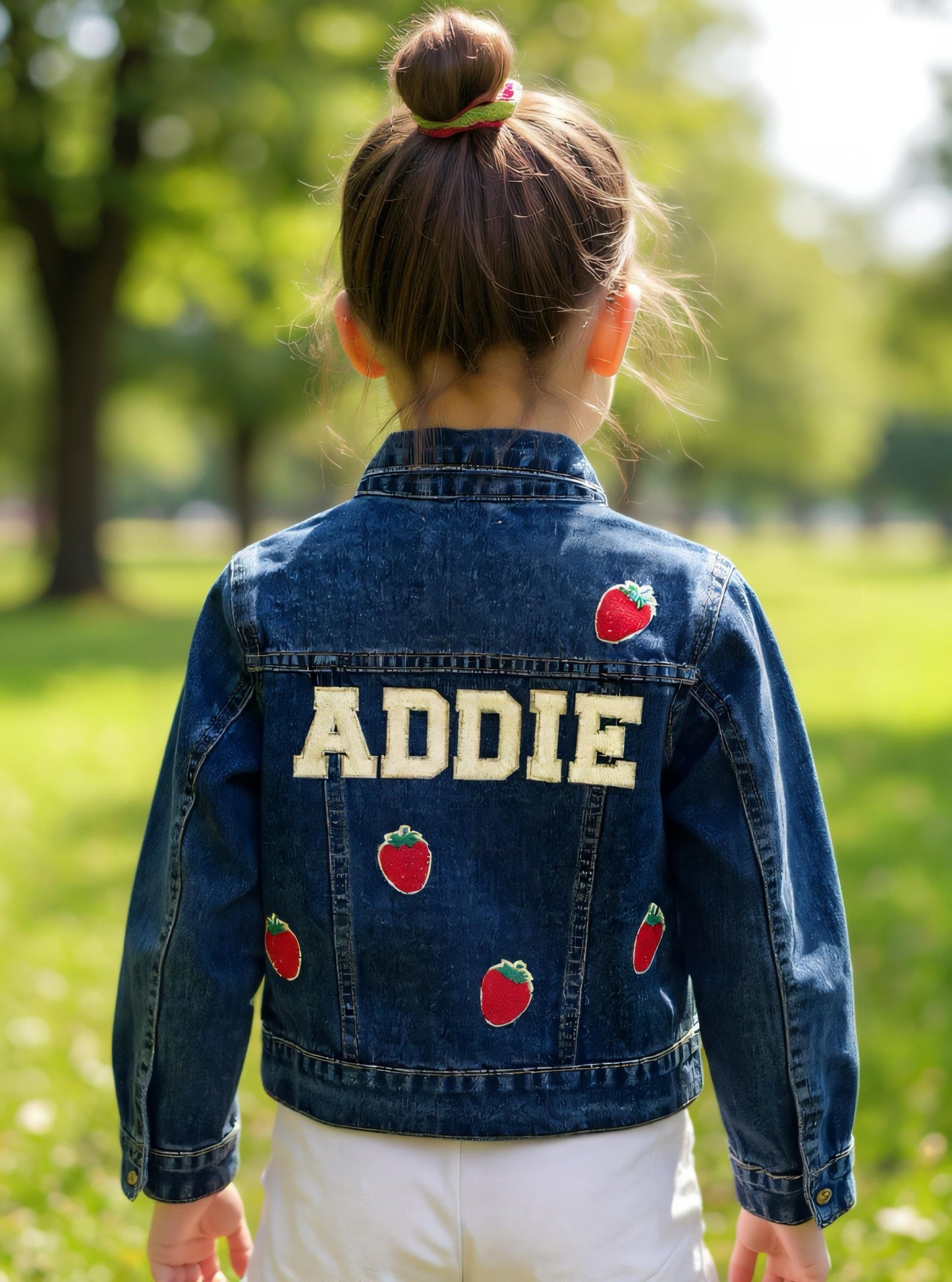 Personalized Kids Jean Jacket: Custom Name & Strawberry Patch