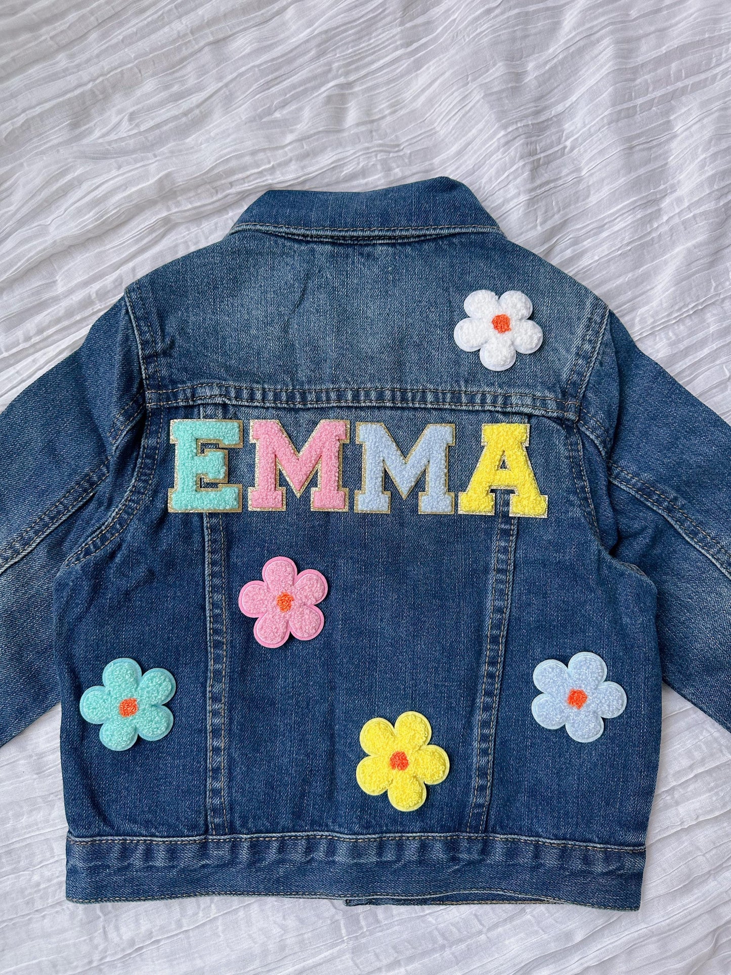 Personalized Girls Jean Jacket - Custom Name, Heart Patches