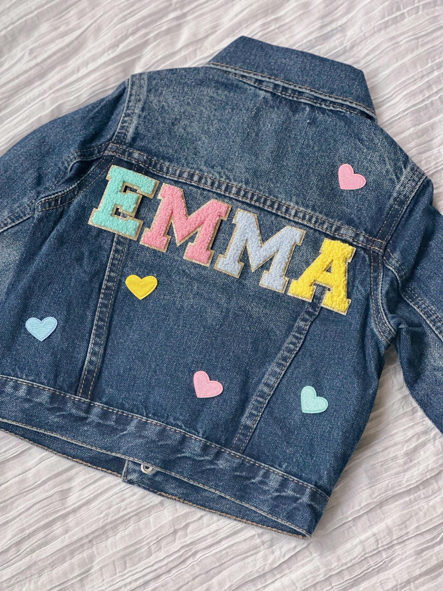 Personalized Girls Jean Jacket - Custom Name, Heart Patches