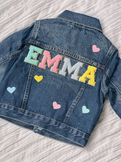 Personalized Girls Jean Jacket - Custom Name, Heart Patches