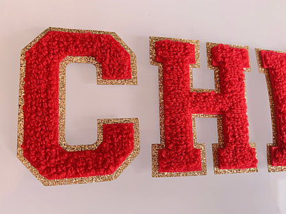 2.35 Inch Red Chenille letters | Game day shirts | chenille patches | iron on patch | iron on letters | football patches | football team shirts