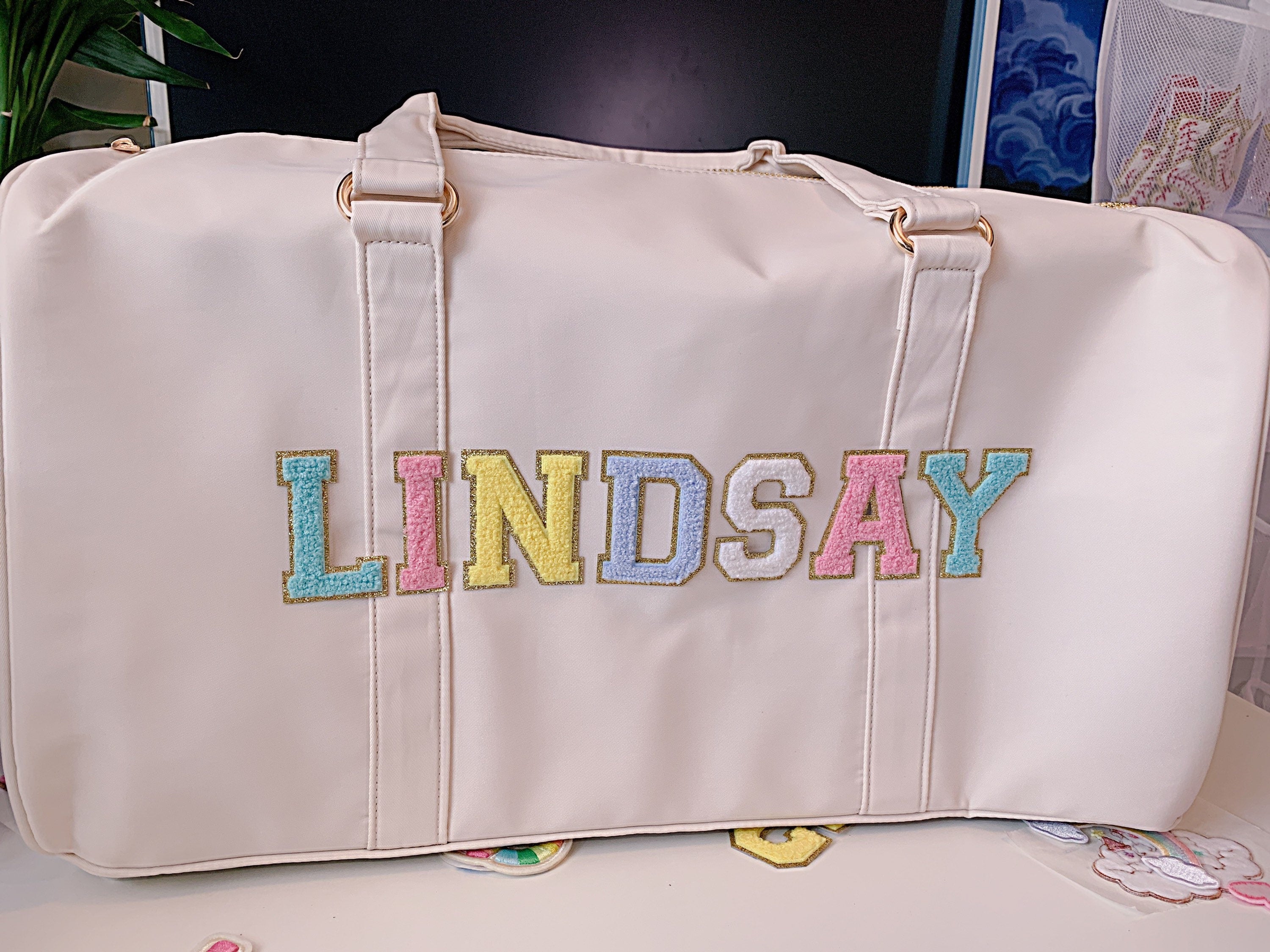 Nylon Duffle top Bag with Personalized Lettering | Dupe | Chenille Letters | Bridal Gift | Bachelorette | Sports Bag | Overnight Bag